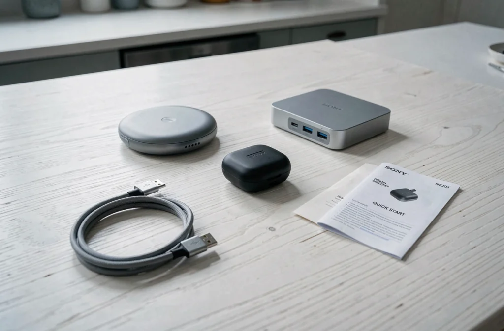 Vue aérienne des accessoires compatibles Sony Rexon incluant pad de charge sans fil, câble et hub USB sur table en bois