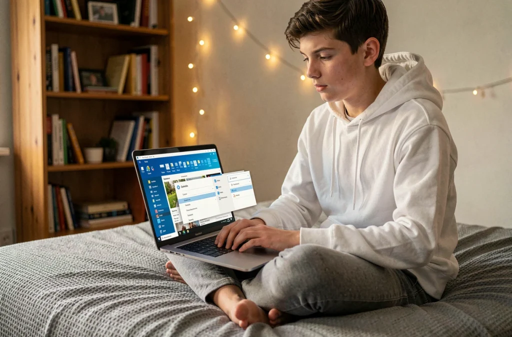 Adolescent créant un raccourci icône sur le bureau depuis un ordinateur portable avec clic droit Windows