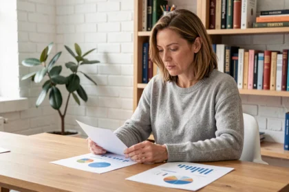 Femme analysant des graphiques de trafic organique stable dans un bureau à domicile, illustrant l'impact des contenus evergreen