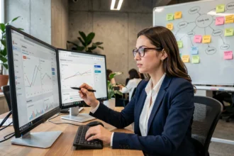 Analyste SEO féminine examinant des graphiques d'intentions de recherche sur deux écrans dans un bureau moderne