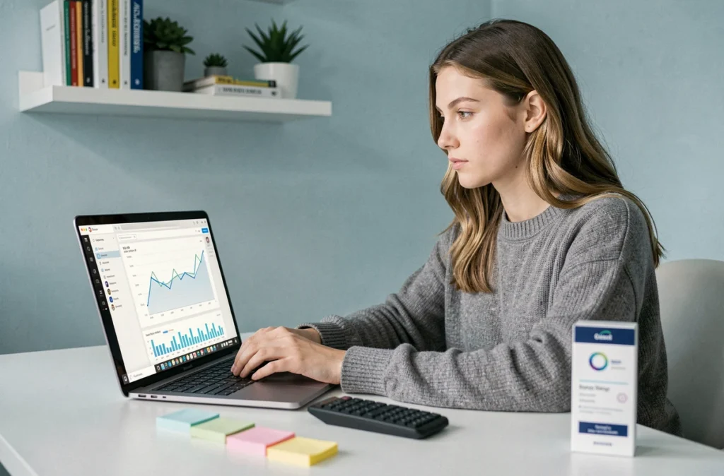 Jeune femme analyste de contenu numérique évaluant les performances de campagne d'un micro-influenceur depuis son bureau à domicile