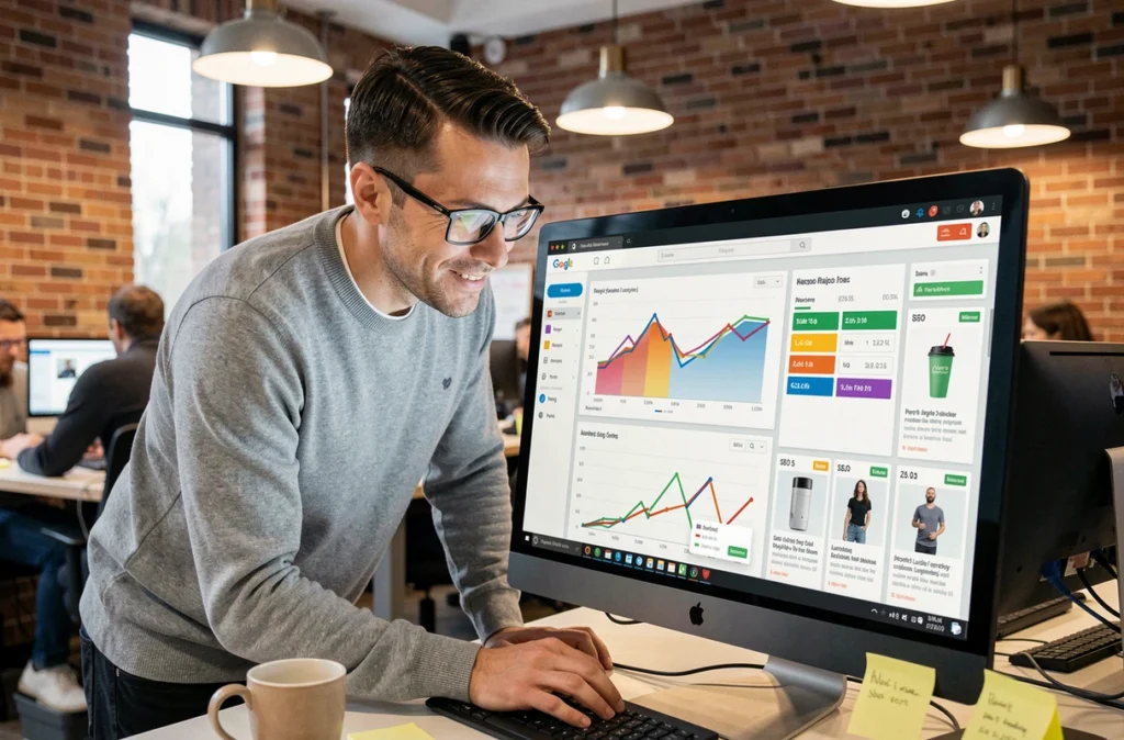 Spécialiste SEO analysant les performances de fiches produits e-commerce sur un tableau de bord analytique