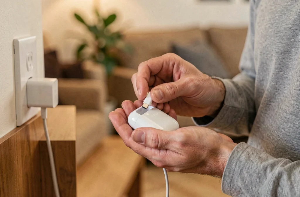 Homme branchant un câble USB-C sur un étui de charge d'écouteurs Sony dans un salon moderne