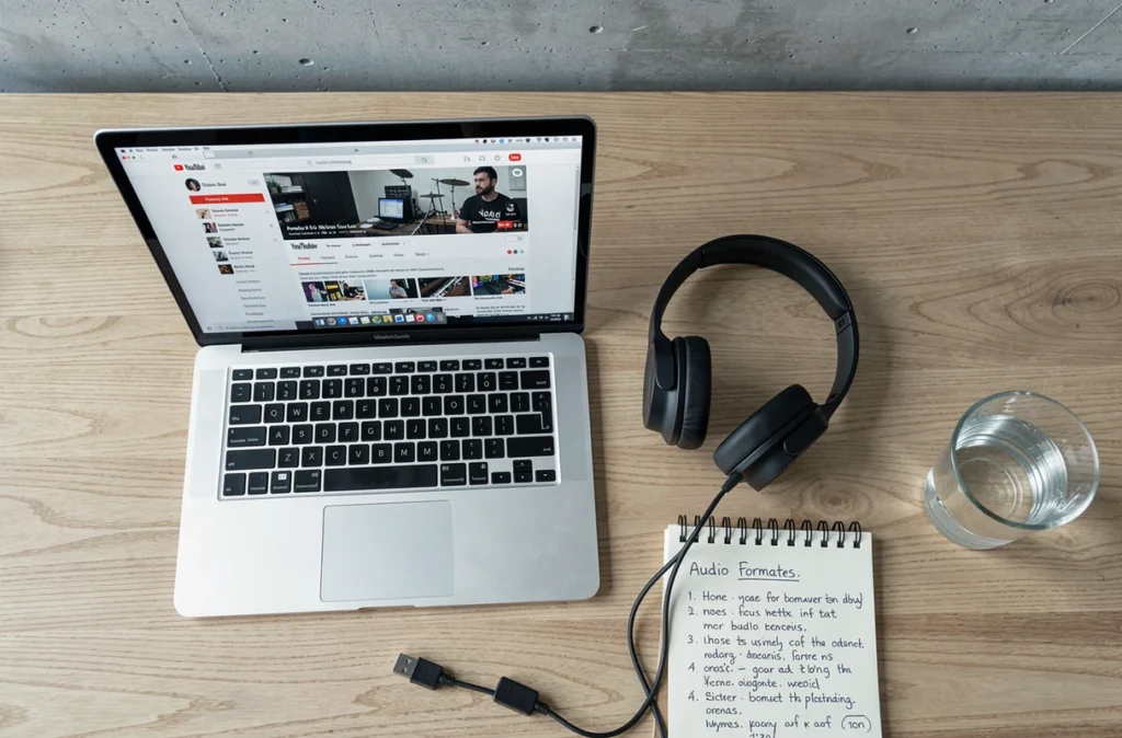 Vue de dessus d'un bureau avec un ordinateur portable ouvert sur YouTube, un casque audio et des notes sur les formats MP3, illustrant le processus de téléchargement de musique