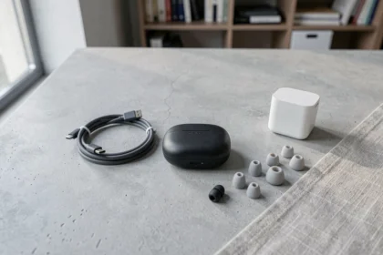 Chargeur USB-C et accessoires compatibles avec les écouteurs Sony Rexon disposés sur un bureau minimaliste
