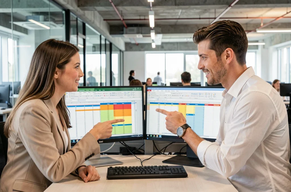 Deux collègues collaborant devant un double écran Excel pour réorganiser des lignes en colonnes dans un espace de coworking moderne