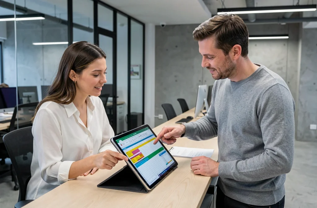 Deux collègues utilisant un filtre Excel pour identifier des doublons dans une feuille de calcul partagée