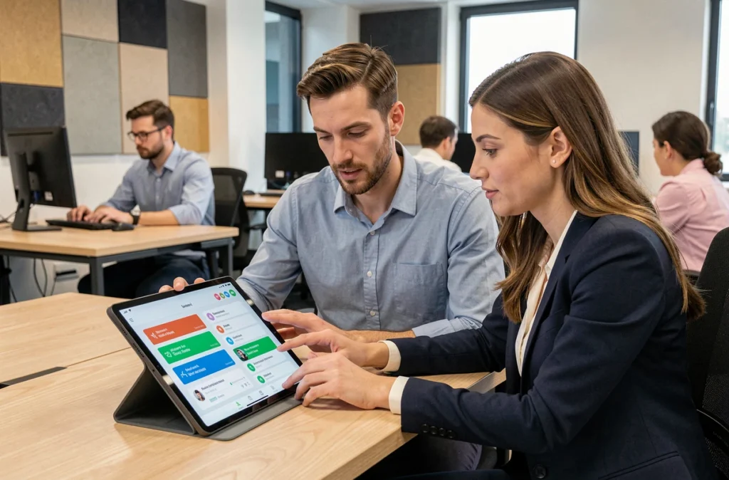 Deux collègues en open space consultant des notifications push sur une tablette, illustrant l'impact de l'engagement applicatif en milieu professionnel