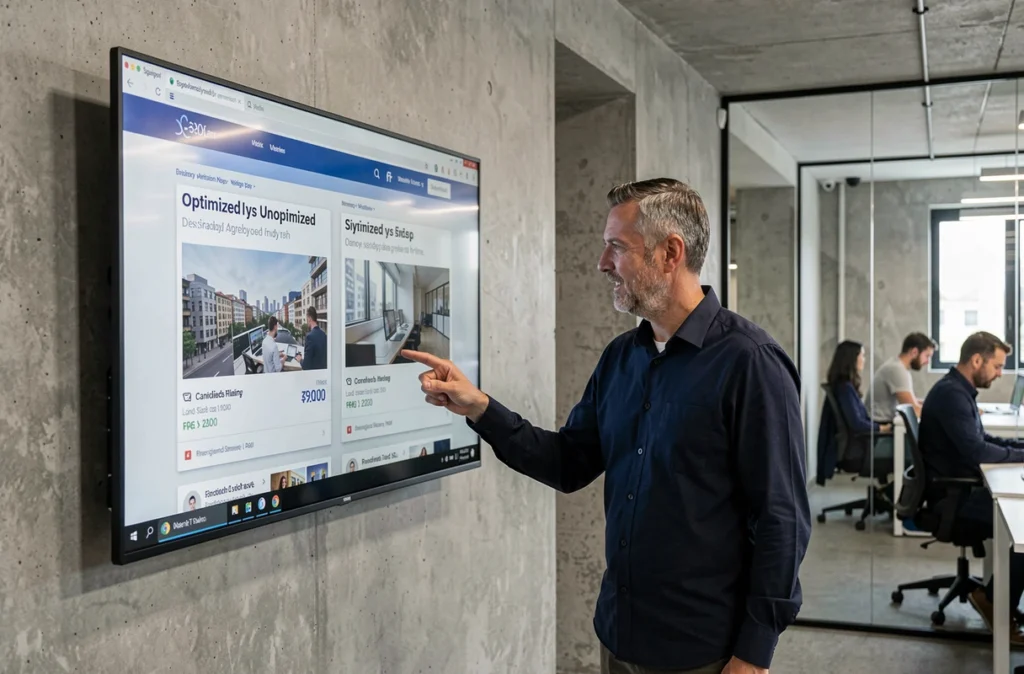 Un professionnel du web présentant une comparaison visuelle d'images optimisées et non optimisées pour le référencement naturel