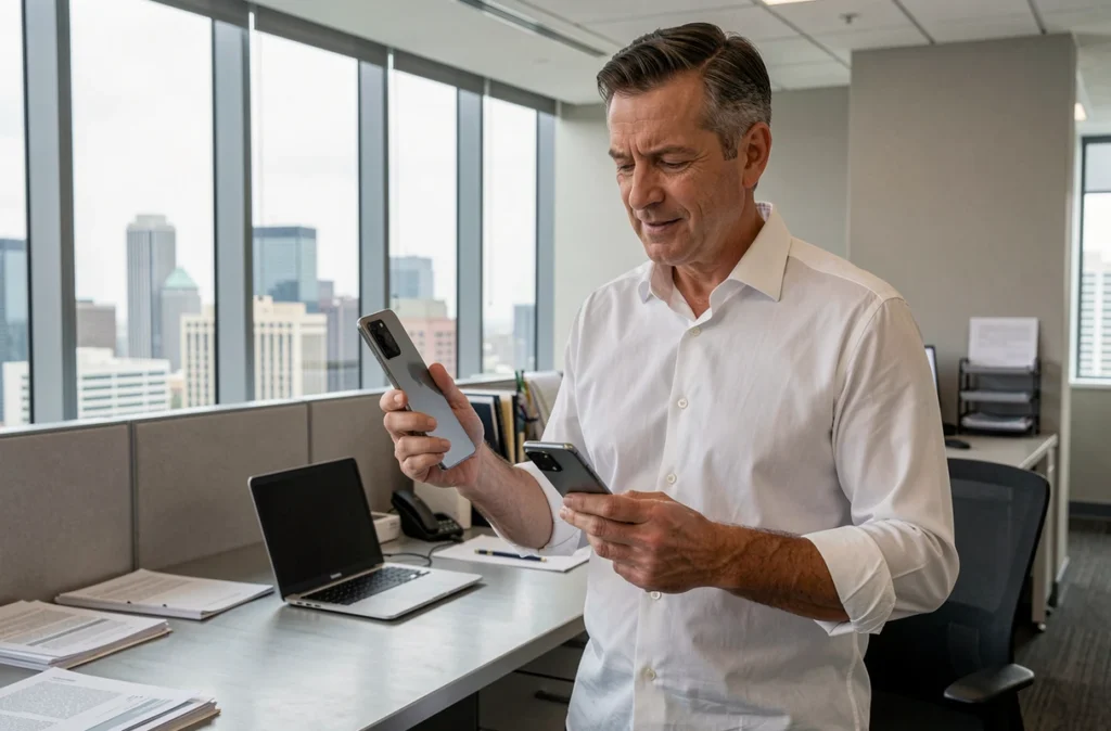 Comparaison de la taille du Samsung Galaxy S22 avec un grand smartphone dans un bureau moderne connecté en 5G