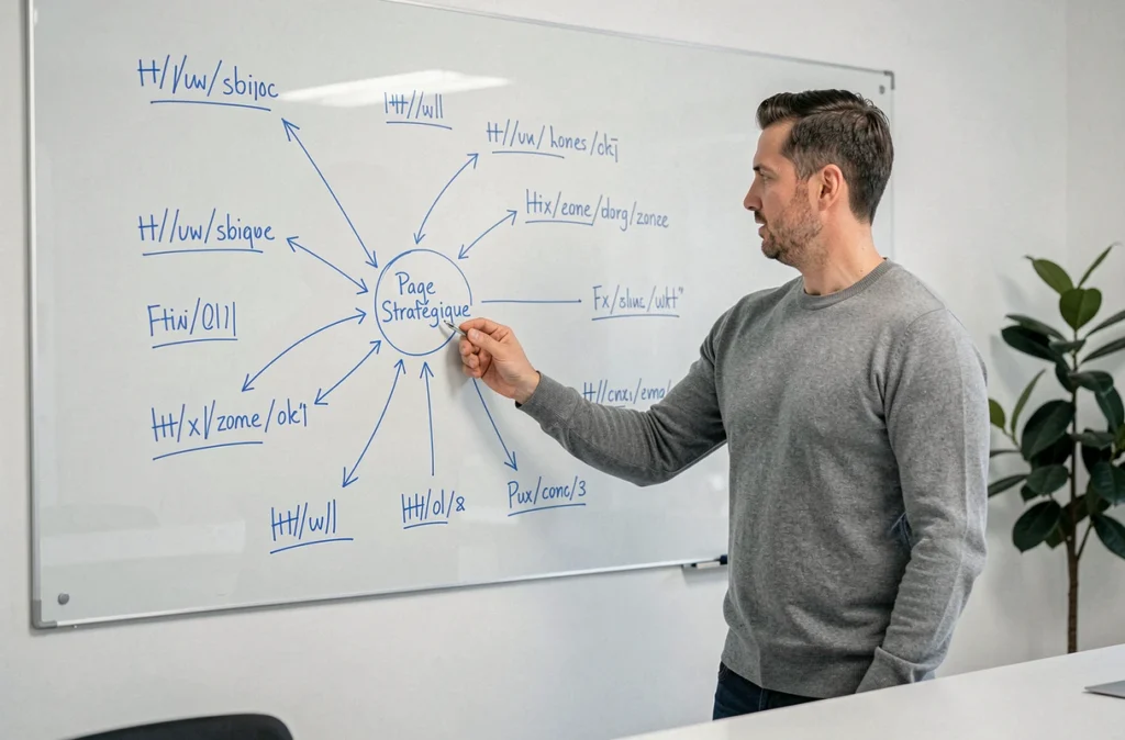 Un consultant en référencement explique une stratégie de maillage interne sur un tableau blanc couvert de graphes de liens dans une salle de réunion
