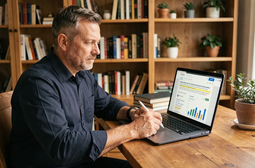 Consultant SEO étudiant les résultats de moteur de recherche et les métriques de balises méta sur ordinateur portable