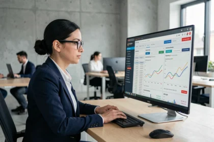 Consultante SEO analysant les résultats d'un audit technique sur un écran d'ordinateur avec des graphiques de performance de site web