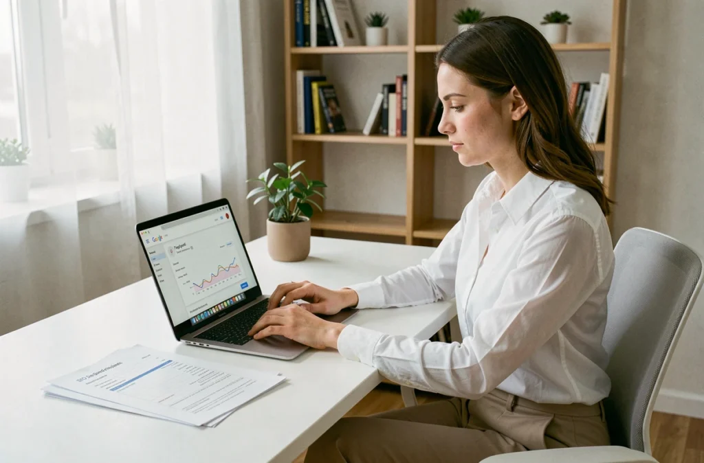 Consultante en marketing digital examinant un rapport Google PageSpeed Insights pour optimiser le référencement naturel d'un site web