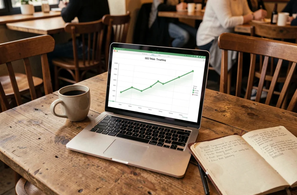 Ordinateur portable affichant une courbe de trafic SEO en hausse constante sur une table en bois dans un café, symbolisant la stabilité des contenus evergreen