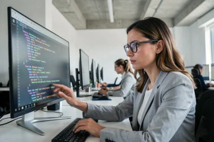 Développeuse web analysant des balises méta HTML sur un grand écran dans un bureau moderne