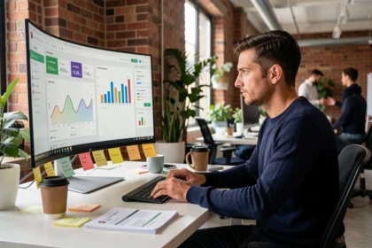 Développeur web analysant les performances de vitesse de chargement d'un site sur un tableau de bord SEO dans un bureau moderne