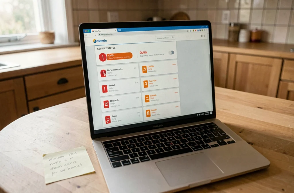 Écran d'ordinateur portable affichant un tableau de bord de statut de service avec des indicateurs de panne webmail
