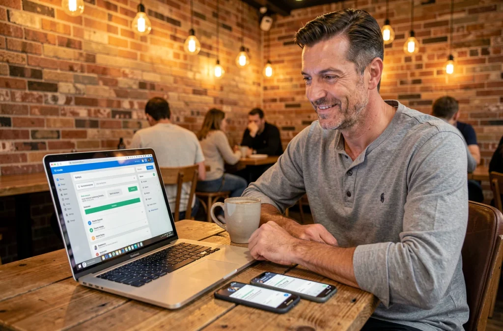 Entrepreneur travaillant sur une plateforme d'automatisation d'emails depuis un café avec son ordinateur portable et son smartphone