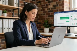 Entrepreneuse analysant une interface de chatbot sur son ordinateur portable dans les bureaux d'une PME moderne
