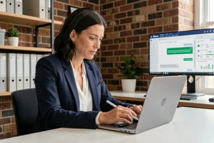 Entrepreneuse analysant une interface de chatbot sur son ordinateur portable dans les bureaux d'une PME moderne