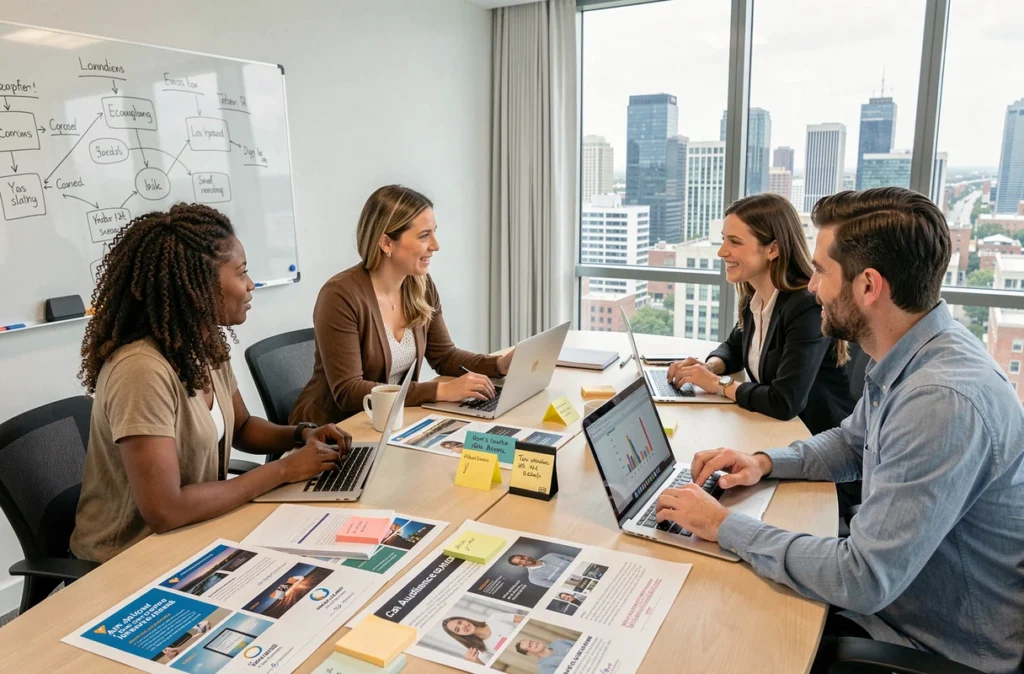 Une équipe marketing diversifiée collaborant autour de données d'intelligence artificielle pour optimiser des campagnes publicitaires personnalisées