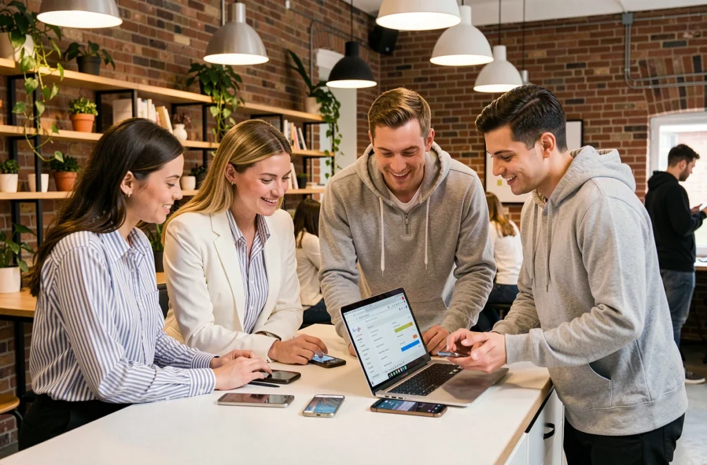 Équipe de professionnels collaborant sur l'optimisation mobile d'un site web pour améliorer la visibilité SEO