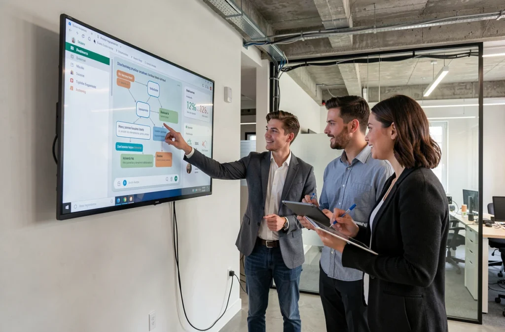 Équipe marketing d'une PME collaborant autour d'un écran présentant une stratégie de chatbot et des indicateurs d'engagement client