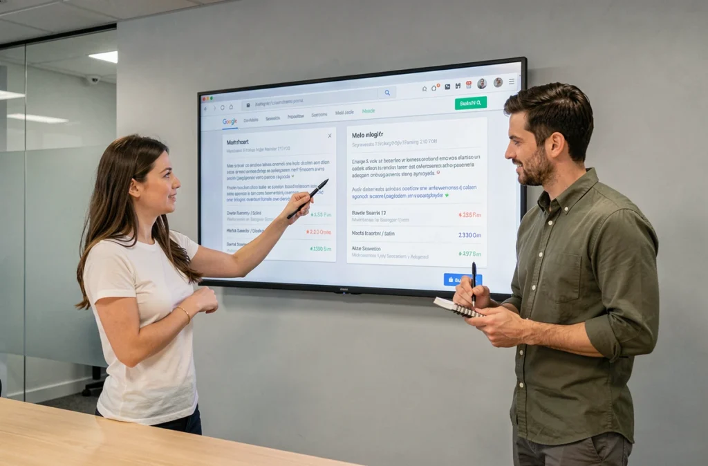 Deux spécialistes SEO comparant des balises méta et leur impact sur le classement dans les moteurs de recherche