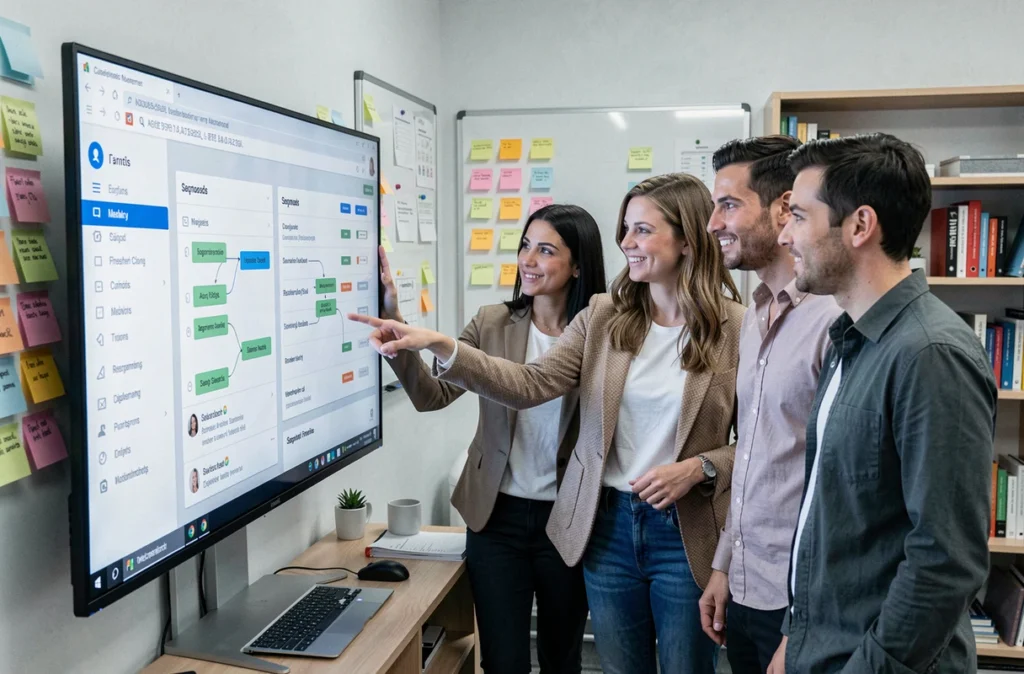 Équipe de petite entreprise analysant un tableau de bord CRM avec des workflows d'emailing automatisé pour améliorer la relation client