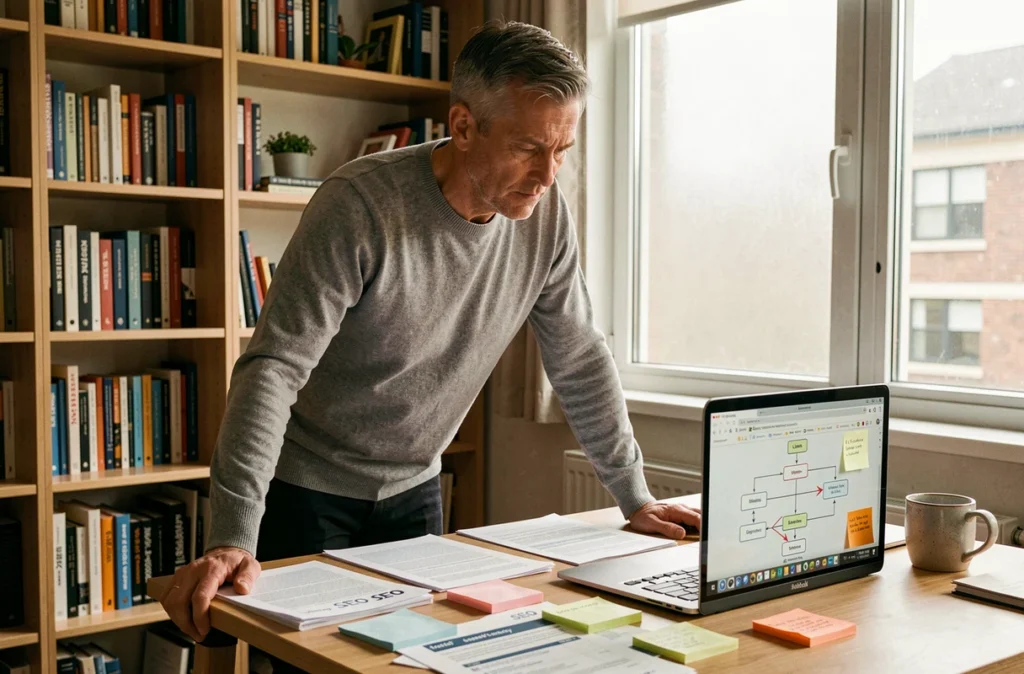 Expert SEO examinant des rapports d'audit technique imprimés et un schéma d'architecture de site web sur ordinateur portable