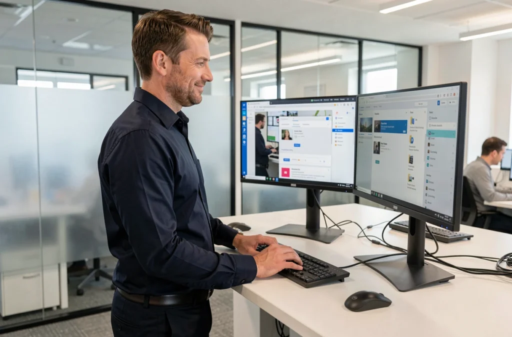 Professionnel utilisant une extension de navigateur pour télécharger des vidéos sur un poste de travail à double écran en open space