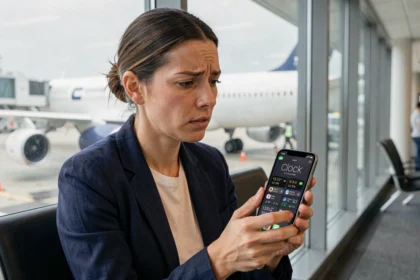 Femme vérifiant ses alarmes iPhone dans un aéroport avant un voyage international avec décalage horaire