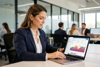 Professionnelle analysant des statistiques de campagne d'emailing automatisé sur son ordinateur portable dans un bureau moderne