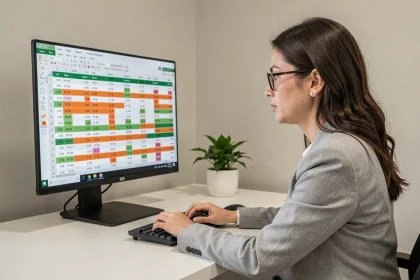 Femme analysant des doublons dans un tableau Excel sur un grand écran d'ordinateur de bureau