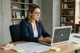 Une professionnelle analyse une architecture de liens internes sur des diagrammes imprimés posés sur un bureau en bois dans un bureau moderne