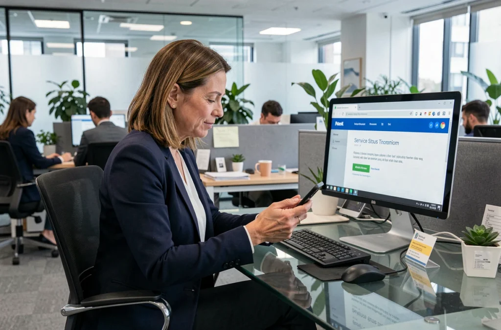 Femme en bureau professionnel consultant son téléphone lors d'une panne de messagerie webmail