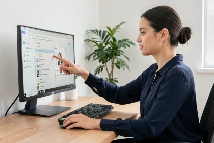 Femme utilisant le clic droit sur un bureau Windows pour créer un raccourci icône sur le bureau