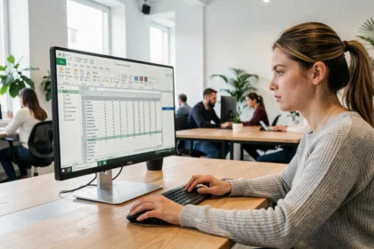Femme professionnelle utilisant Microsoft Excel sur un grand écran dans un bureau moderne pour transformer des lignes en colonnes