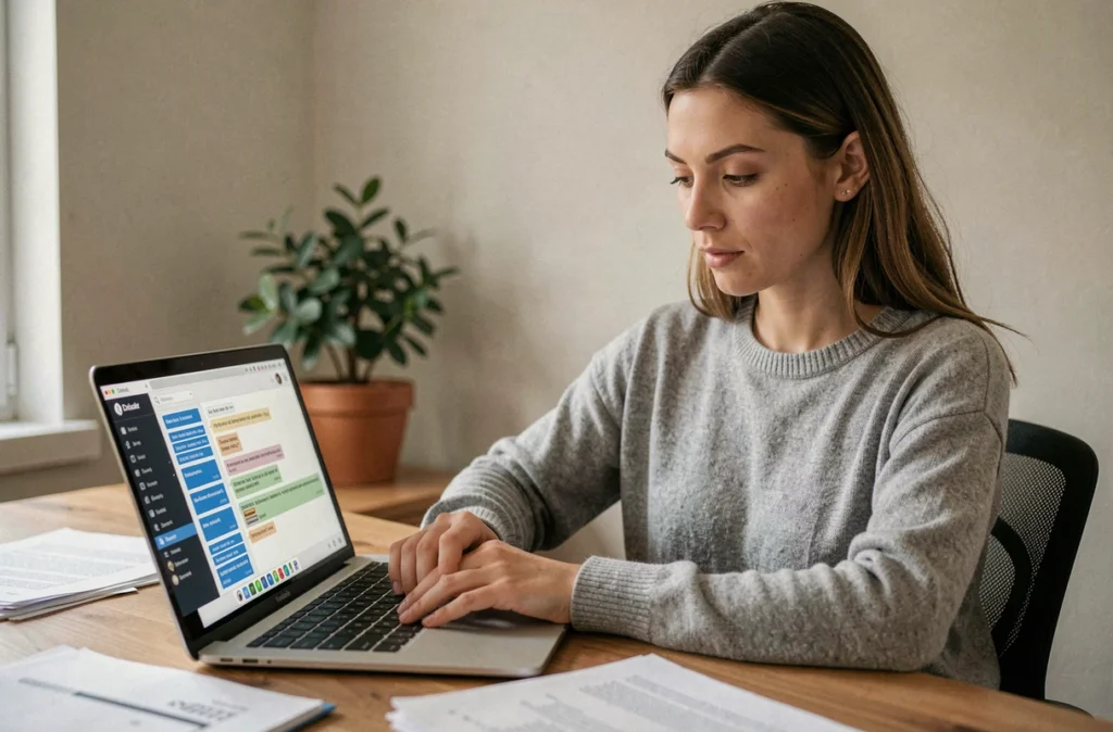Femme consultant une interface de chat Discord sur un ordinateur portable pour corriger l'utilisation excessive de l'italique et du formatage visuel