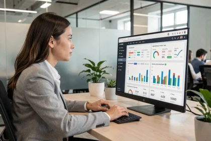 Une professionnelle du marketing analysant des tableaux de bord d'intelligence artificielle pour personnaliser des campagnes publicitaires en ligne