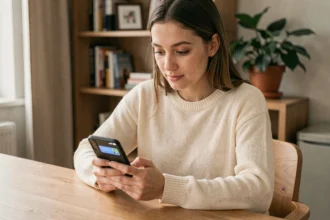 Jeune femme consultant une notification push sur son smartphone depuis son bureau à domicile, illustrant l'engagement utilisateur sur les applications mobiles