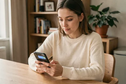 Jeune femme consultant une notification push sur son smartphone depuis son bureau à domicile, illustrant l'engagement utilisateur sur les applications mobiles