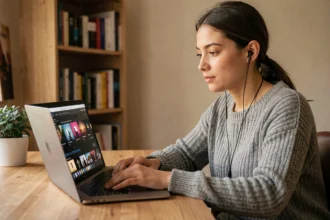 Jeune femme écoutant de la musique sur son ordinateur portable dans un bureau à domicile, illustrant le téléchargement de musique depuis YouTube
