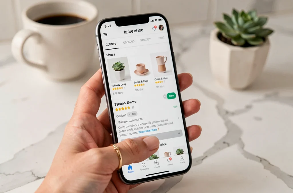 Consultation d'une fiche produit e-commerce optimisée sur smartphone posé sur un comptoir en marbre