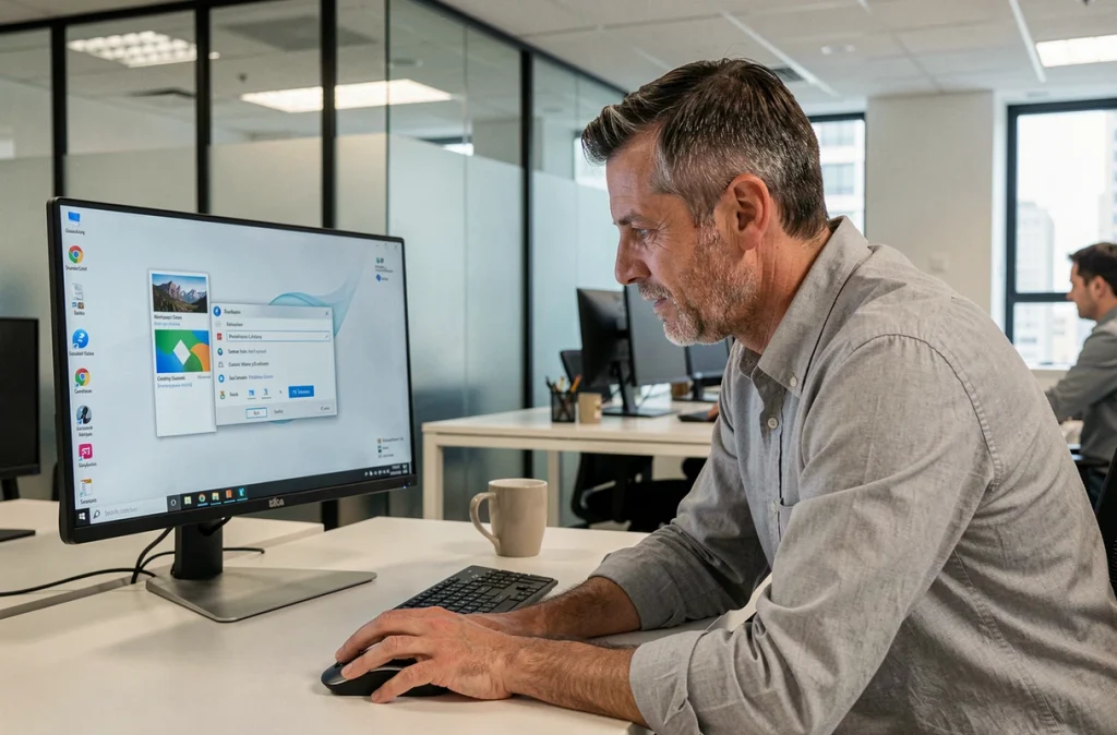 Homme au bureau en entreprise effectuant un clic droit pour ajouter une icône sur le bureau Windows