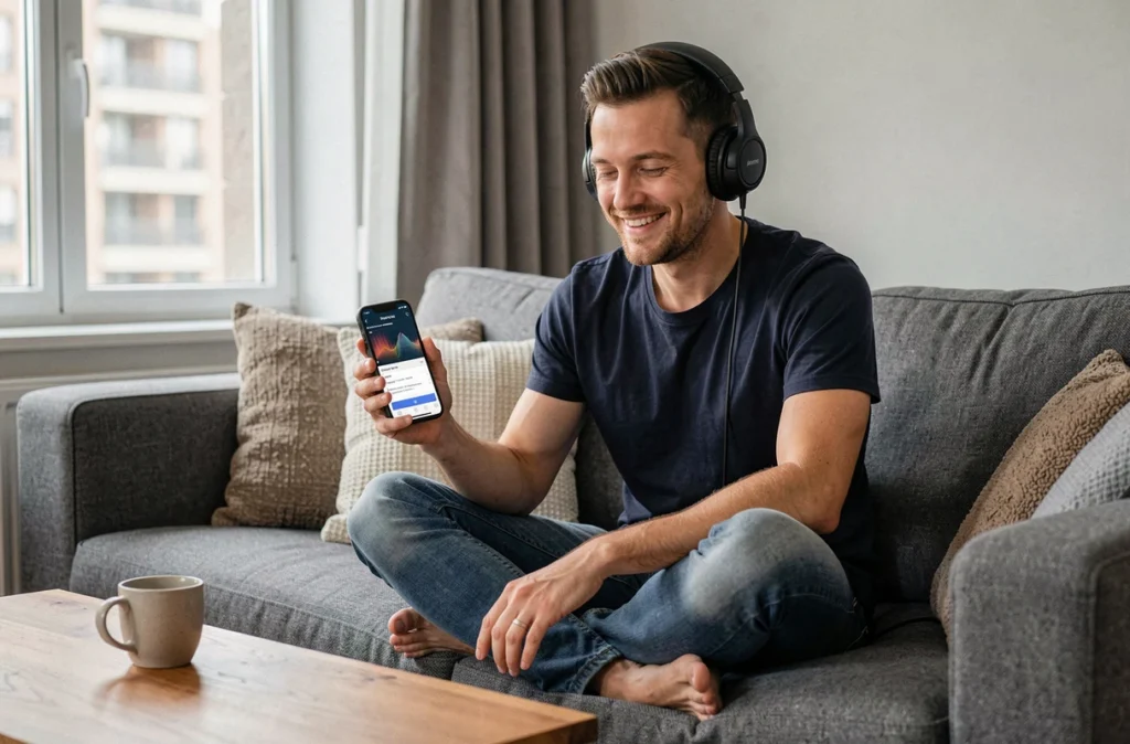 Homme avec un casque audio écoutant de la musique téléchargée sur smartphone dans un salon moderne