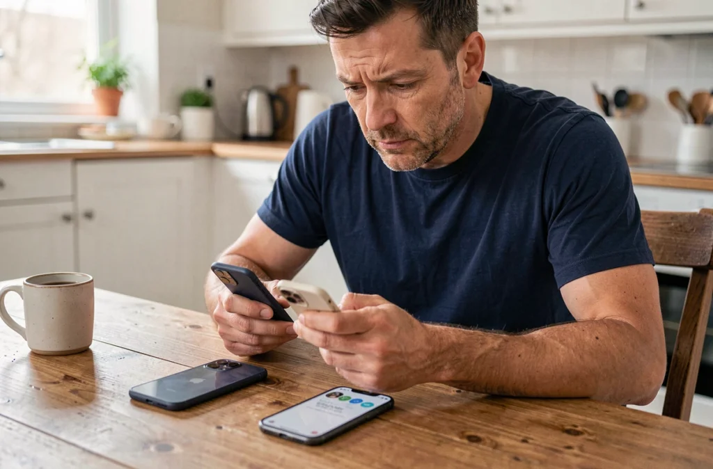 Homme comparant deux smartphones côte à côte sur une table de cuisine, budget vs flagship