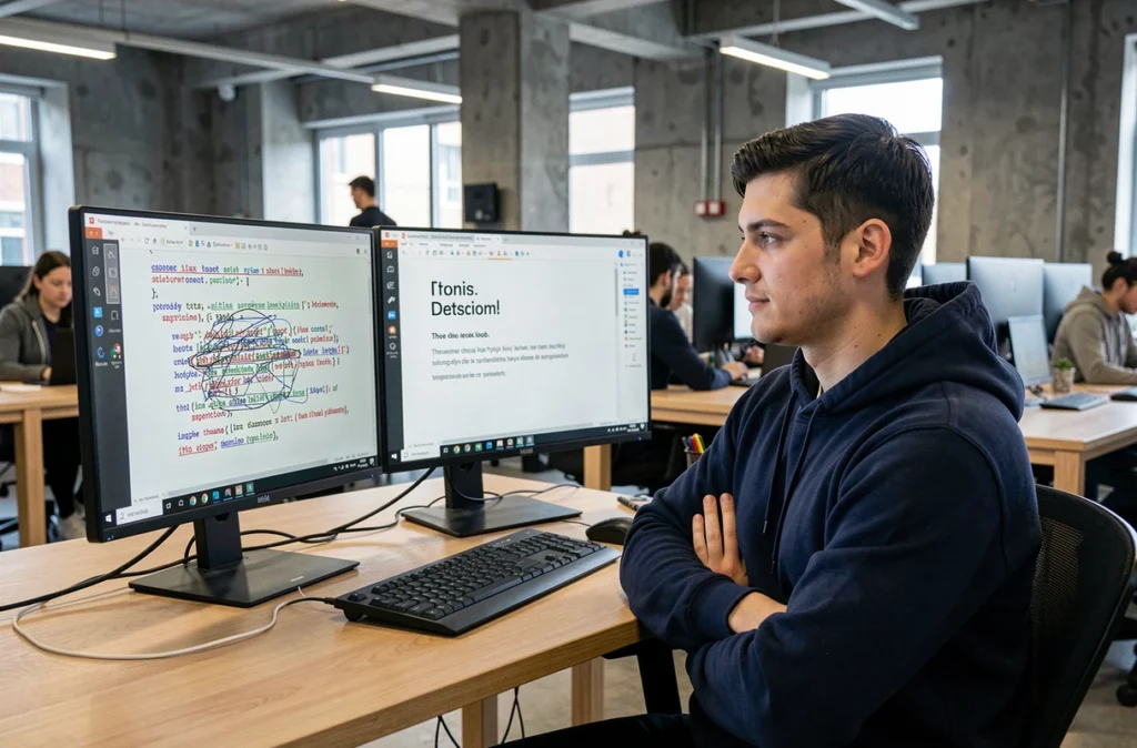 Jeune homme comparant deux mises en forme de texte sur écran double dans un espace de coworking, illustrant les bonnes pratiques contre le spam visuel sur Discord