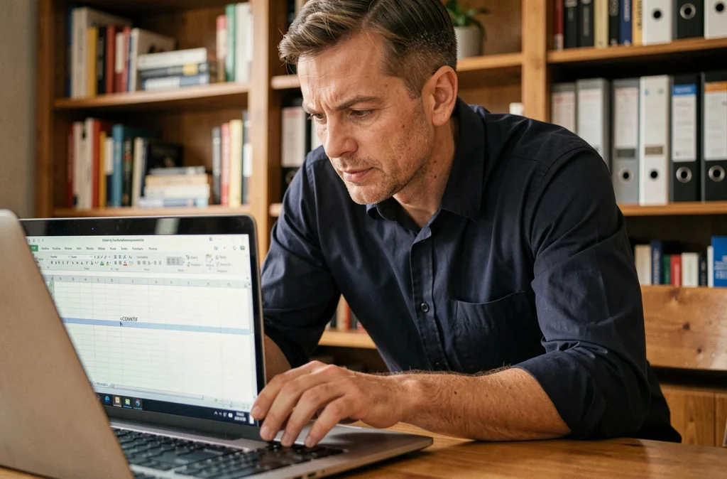 Homme saisissant une formule Excel pour détecter des doublons dans une feuille de calcul sur laptop